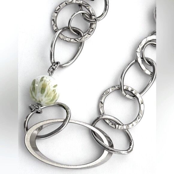 Silver-tone Chain Beaded Tube Link Necklace 28-35” long adjustable. - Picture 5 of 7